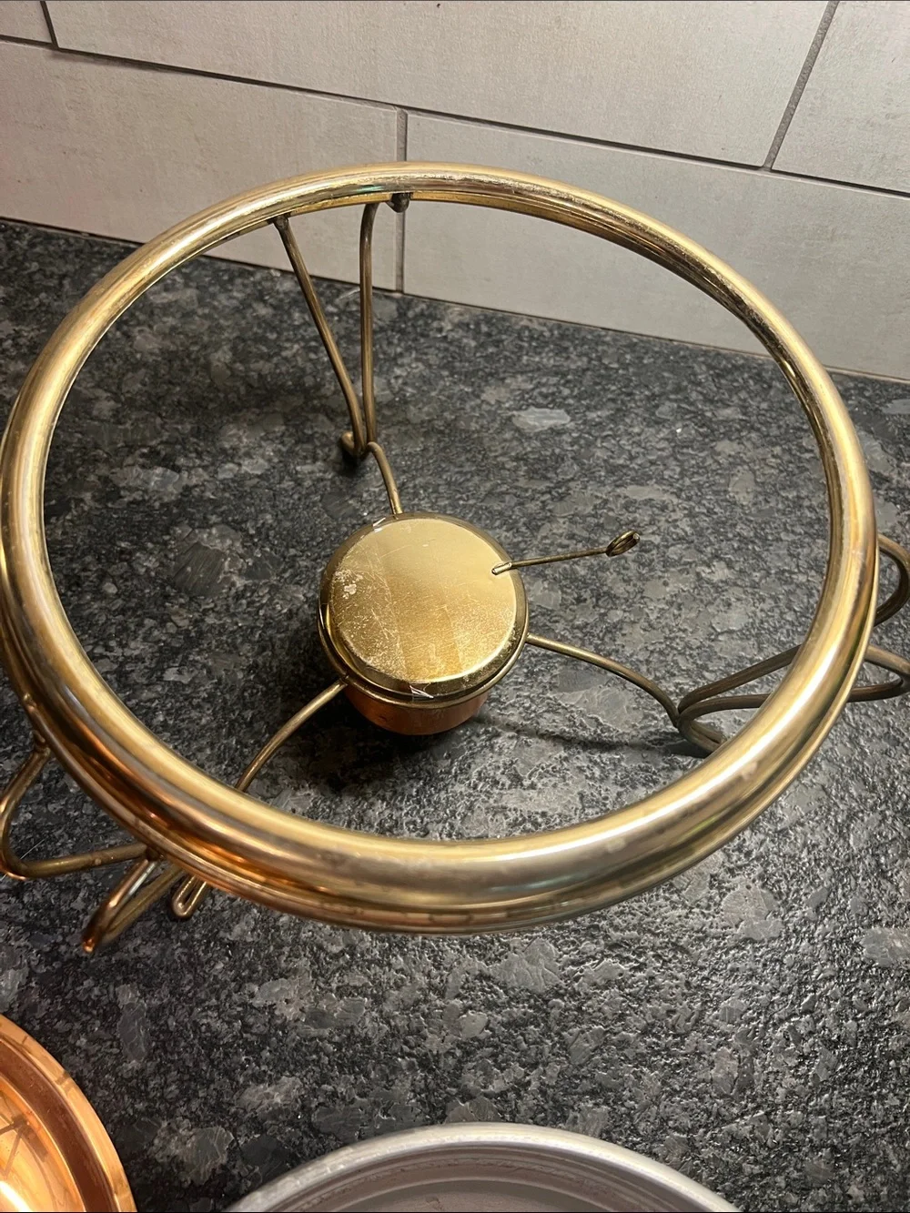 Large copper wood handled fondue pot on stand. Parties, get togethers.